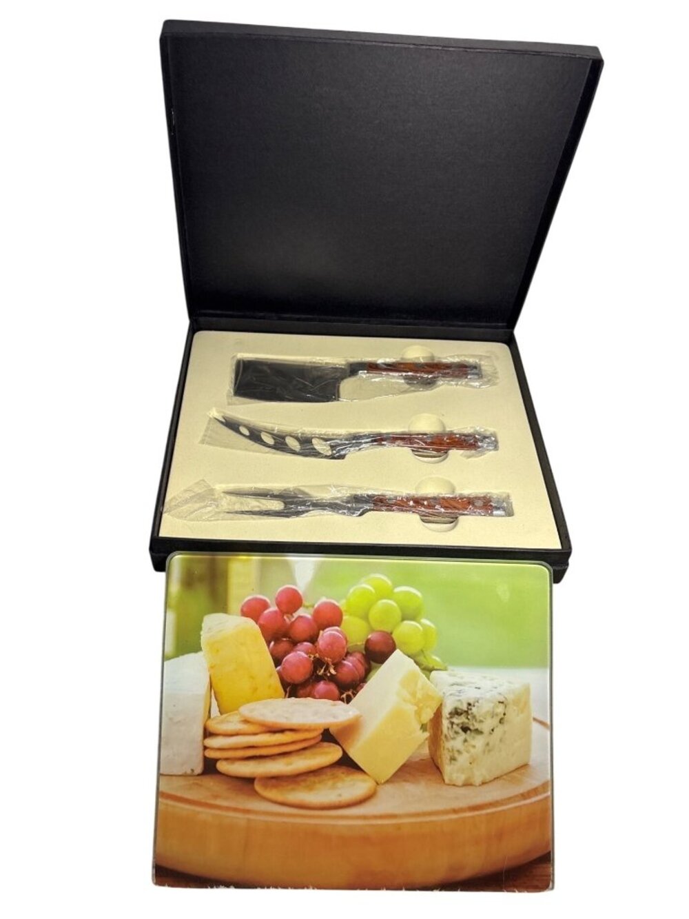 Cheese Board Set 3 Stainless Steel Knives Decorative Glass Cutting Board Gift Bo
